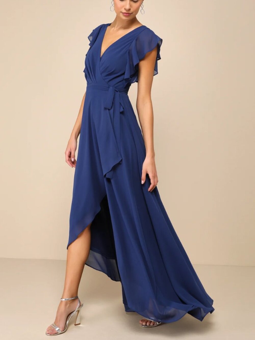 Ravishing Charm Dark Blue Ruffled Wrap High-Low Maxi Dress from Lulus